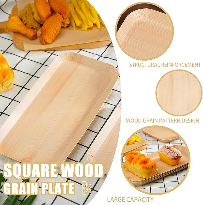 50 Pcs Wood Grain Paper Plates, 10 Inch Rectangular Wood Paper Plates, Rustic Disposable Plates for Woodland Baby Shower, Camp Fire, Camping, Lumberjack Birthday Party Supplies (L)