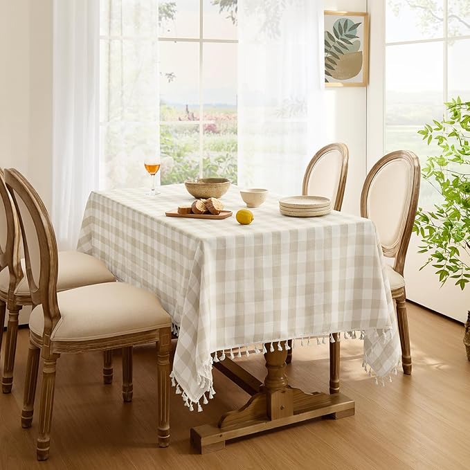 Softalker Checkered Tablecloth Rectangle, Outdoor Linen Cotton Gingham Table Cloth with Tassel, Heavy Duty Wrinkle Free Buffalo Plaid Table Cover for Kitchen Dining Home Party - 55 x 70 Inch, Beige