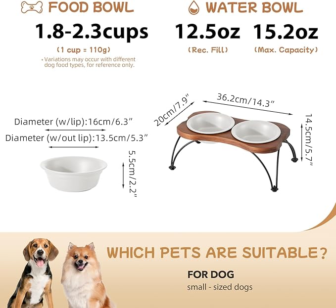 Ceramic 6.3-inch Raised Double-Bowl Set with Non-Slip Stand, 1.5 Cup Food or 15 oz Water Dishes for Small Dogs, Wide Opening with Rounded Edges(Matt White)
