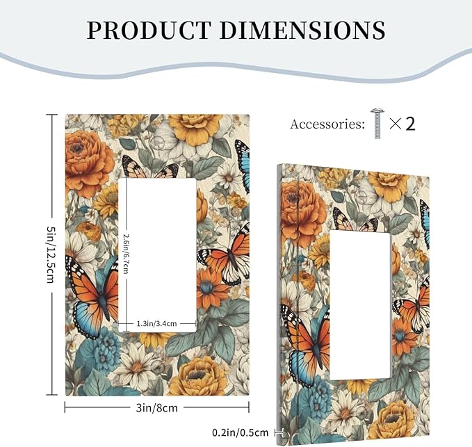 Outlet Covers Vintage Colorful Floral Butterfly Flowers 1 Gang Wall Plate Single Rocker Light Switch Cover Decorative GFCI Receptacle Electrical Switchplate for Bathroom Bedroom Decor（2 Pack）