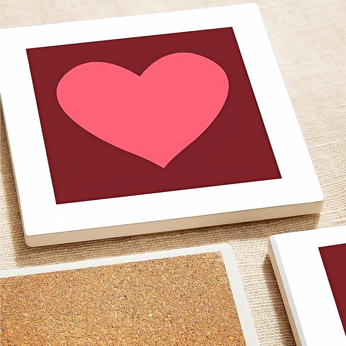 MAYCARI Love Hearts Printed Coasters Set of 6 Cork Backed Minimalist Aesthetic Coasters with Metal Holder Ceramic Surface Drink Cup Mats for Tabletop Protection Desk Decoration Valentine's Day Gifts