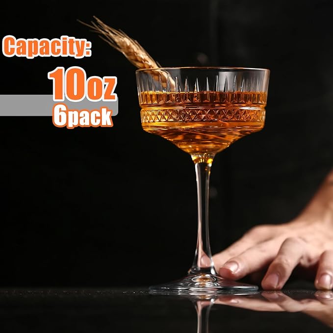 Vintage Art Deco Coupe Glasses Set of 6, 10 oz Martini Glasses, Coupe Cocktail Glasses,Elegant Hand Blown Manhattan Goblet for Bar, Champagne, Martini, Cosmopolitan, Gimlet, Pisco Sour