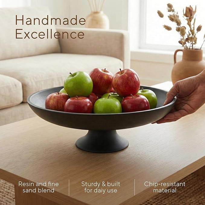 Large Black Decorative Bowl, Modern Pedestal Bowl for Home Decor, Decorative Fruit Bowl for Kitchen Counter, Stylish Key Bowls for Entry Table, 11.45”, Includes 10PCS Artificial Moss Rocks