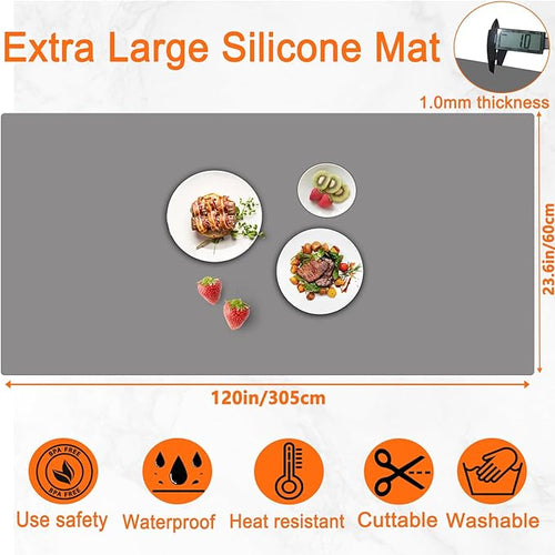 120"x24''(305cmx60cm) Extra Large Silicone Mat for Kitchen Counter, Heat Resistant Countertop Protector, Non-Slip Waterproof Kitchen Island Mat, Easy to Clean, Semitransparent