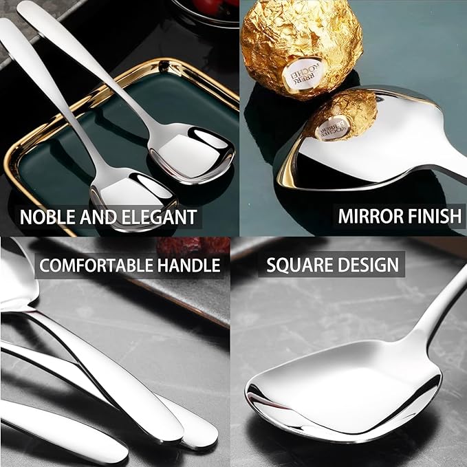 Square Head Soup Spoons, Korean Style Thick Heavy Square Dessert Spoon,Long Handled Stainless Steel Soup Spoons Table Spoons Flat Square Spoon,Set of 4,7 Inches.