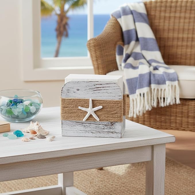Natural Wooden Napkin Holder, Farmhouse Napkin Holders Upright Wooden Tissue Dispenser for Kitchen Dining Room Table Decor Indoor & Outdoor Use (Beach Style,White)