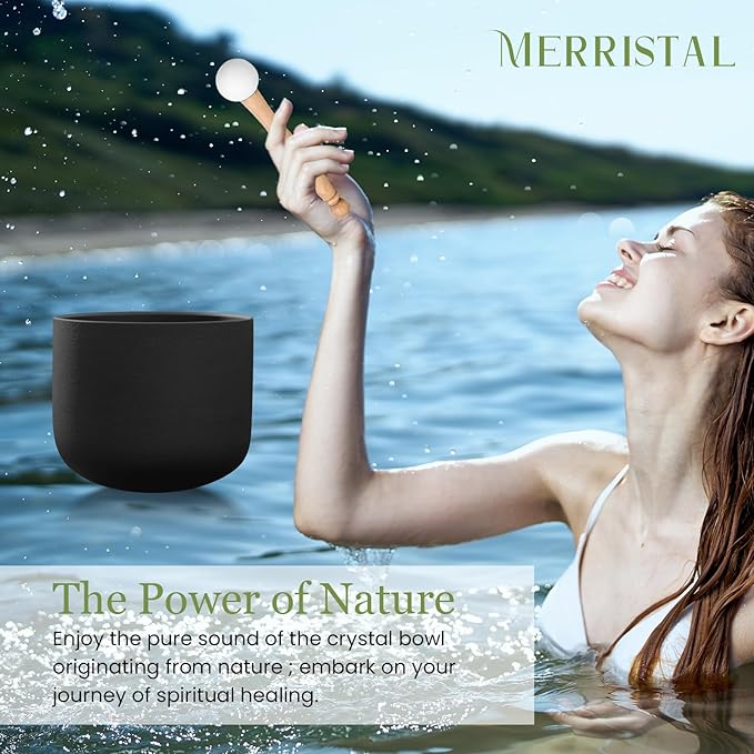 432HZ 6-12 Inch 7 Pcs Black Frosted Crystal Singing Bowl Set for Meditation Healing Yoga Chakra Quartz Crystal Sound Bowls with Heavy Duty Carry Cases and Rubber Mallet,Suede Striker,O-rings