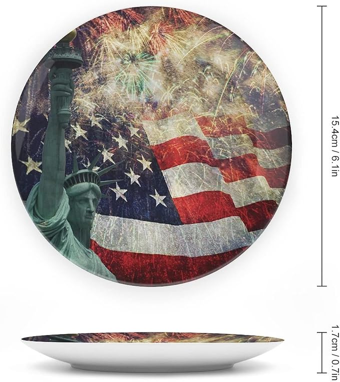 Decorative Plates, American Flag Print Ornament, Fireworks 4th of July, 7 Inch, 1 Plate with 1 Display Stand, Multicolor