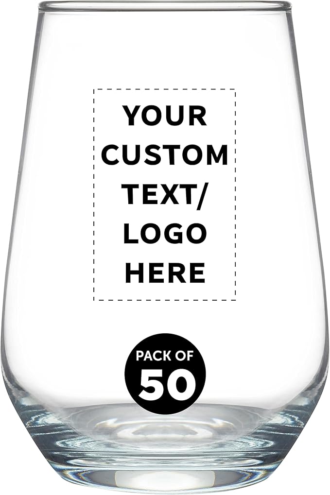 DISCOUNT PROMOS 50 Vaso Silicia Stemless Wine Glasses Set, 16 oz. - Personalized Text, Logo - Clear, Orb-Like, Thick base - Clear