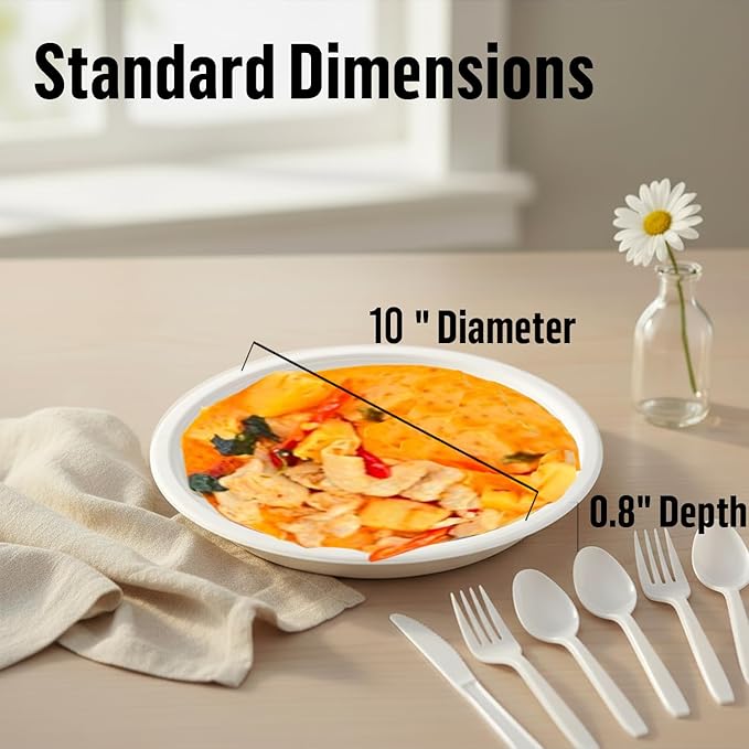 Compostable Heavy Duty Disposable Paper Plates, 75 Count | 10 Inch Round | Natural Bagasse, White Biodegradable Eco-Friendly Sugarcane BBQ, Party, Gathering, Picnic Sugarcane Tray