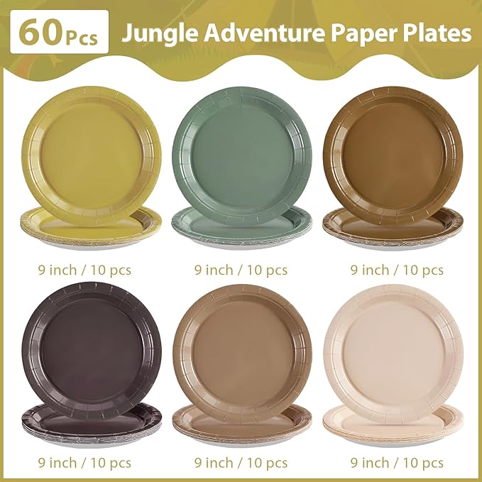 60Pcs Sage Green Brown Paper Plates 9” Woodland Baby Shower Plates Wild Birthday Disposable Tableware Jungle Theme Platters for Woodland Jungle Baby Shower Party Decorations