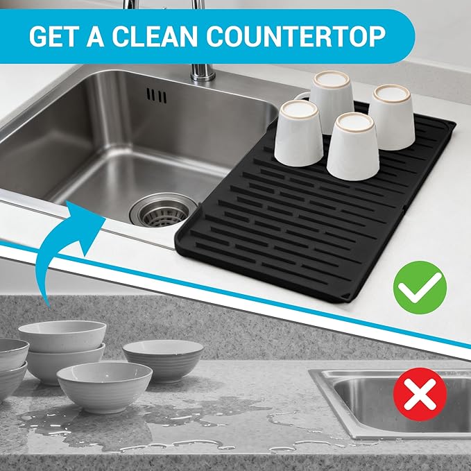 Silicone Dish Drying Mat for Kitchen Counter, Foldable & Heat Resistant Drying Pad with 5° Slope & Wide Drain, 15x12 Inch Non-slip Sink Mat for Bathroom and Countertop.(Black）
