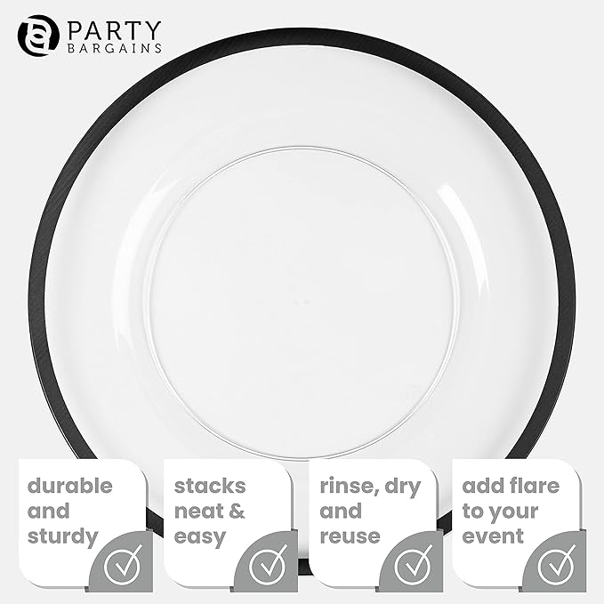 PARTY BARGAINS 13-Inch Charger Plates - 4 Pack, Clear Black Rim, Heavy-Duty Disposable Chargers for Elegant Dining - Ideal for Weddings and Formal Events