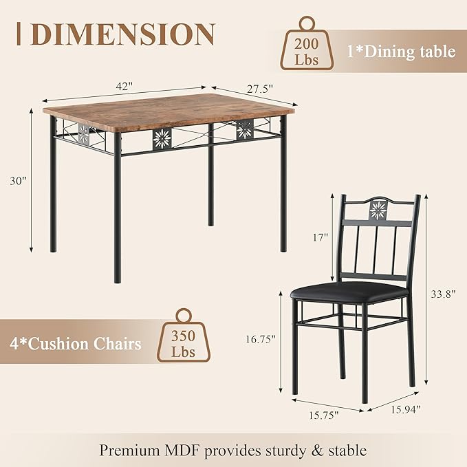 VECELO Dining Table Set for 4, 5-Piece Wood Kitchen Table with Upholstered Padded Chairs for Small Space, Breakfast Nook, Space-Saving, Brown