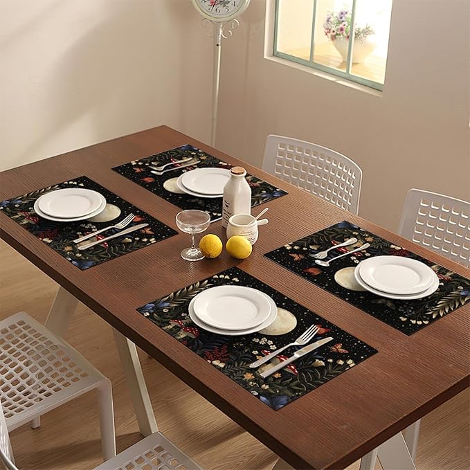 Mushroom Botanical Placemats Set of 4, Mushroom Plants Leaves Butterfly Place Mats, Moon Waterproof Washable Table Mats for Home Party Indoor Kitchen Dining Table Decoration 12x18 Inch