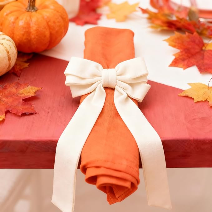 Ivory Velvet Bow Napkin Rings Set of 6 Luxury Soft Velvet Napkin Holders, Elegant Bow Design for Christmas Holiday Dinner Wedding Party Table Decor