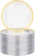 BESTVIP 100PCS 7 Inch Clear Plastic Dessert Plates, Disposable Salad Plate with Gold Rim, Heavy Duty Plastic Small Cakes Plates for Party, Wedding and Birthday, Christmas, Thanksgiving, Events
