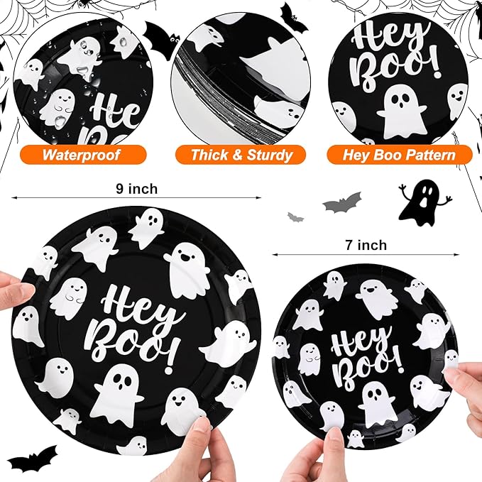 48 Pcs Halloween Hey Boo Paper Plates Set Include 9 Inch Ghost Disposable Dinner Plates 7 Inch Scary Dessert Plate Tableware for Halloween Birthday Party Supplies