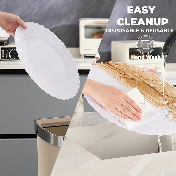 U-QE 25 Count Oval White Plastic Plates - 13.4 inch Large Disposable Plates Heavy Duty, Ideal for Party, BBQ, Picnic and Weddings