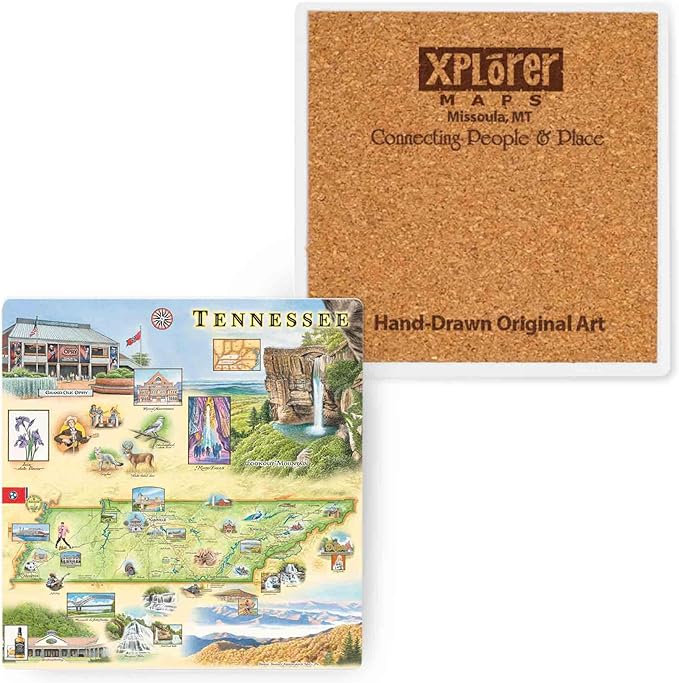Xplorer Maps Tennessee Map Ceramic Coasters with Cork Base - Set of 4