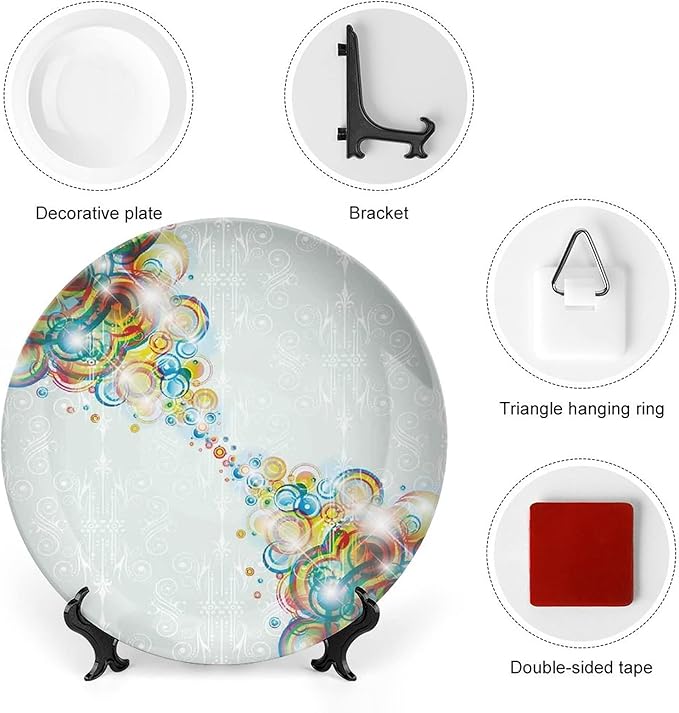 Ceramic Plates, Abstract Decorative Ceramic Plates, Modern Design Rainbow Waves Circles Patterned, 7 Inch, Household Plates Decorative, Multicolor
