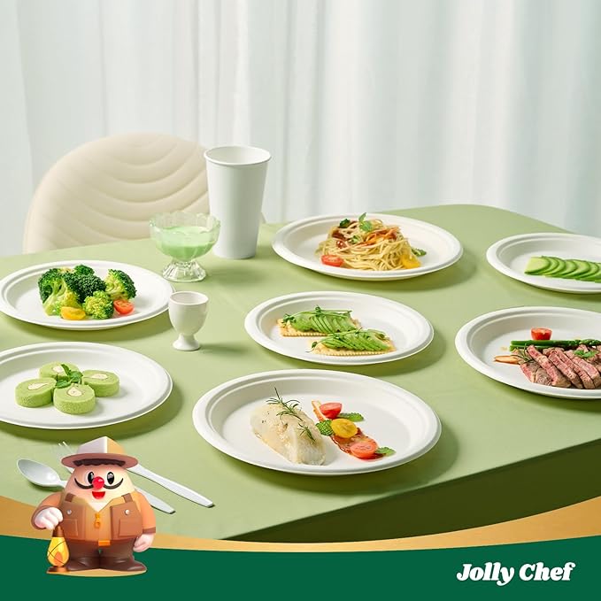 JOLLY CHEF Compostable Heavy Duty Plates 9 Inch [300 Pack] Eco-Friendly Disposable White Paper Plates Bagasse Biodegradable Sugarcane Bulk for Party Dinner Lunch Hot Cold Foods Christmas