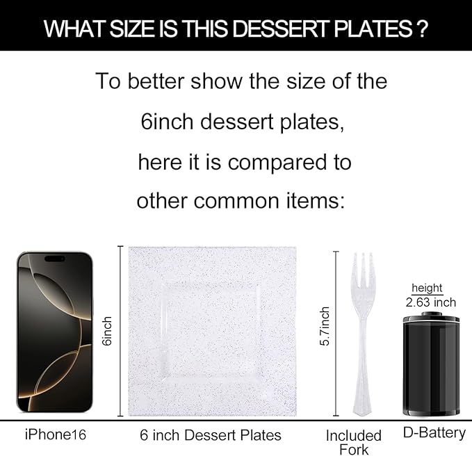 DaYammi 200Pcs Dessert Plates Set Including:100Pcs Cake Plates 6" with 100Pcs Silver Forks 5.7"- Silver Glitter Disposable Square Plate,Appetizer Plates and Forks Combo Bulk Set for Party Wedding