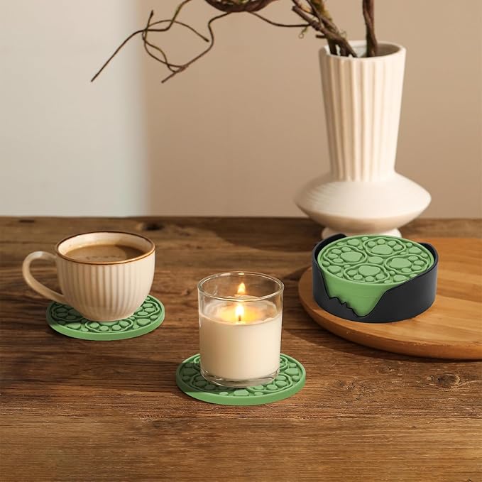 6 Pack Green Silicone Coasters with Holder, 4 Inches Non-Slip Decorative Coaster for Tabletop, Desk Dishwasher Safe Cup Mat for Bar, Drinks, Beer, Coffee
