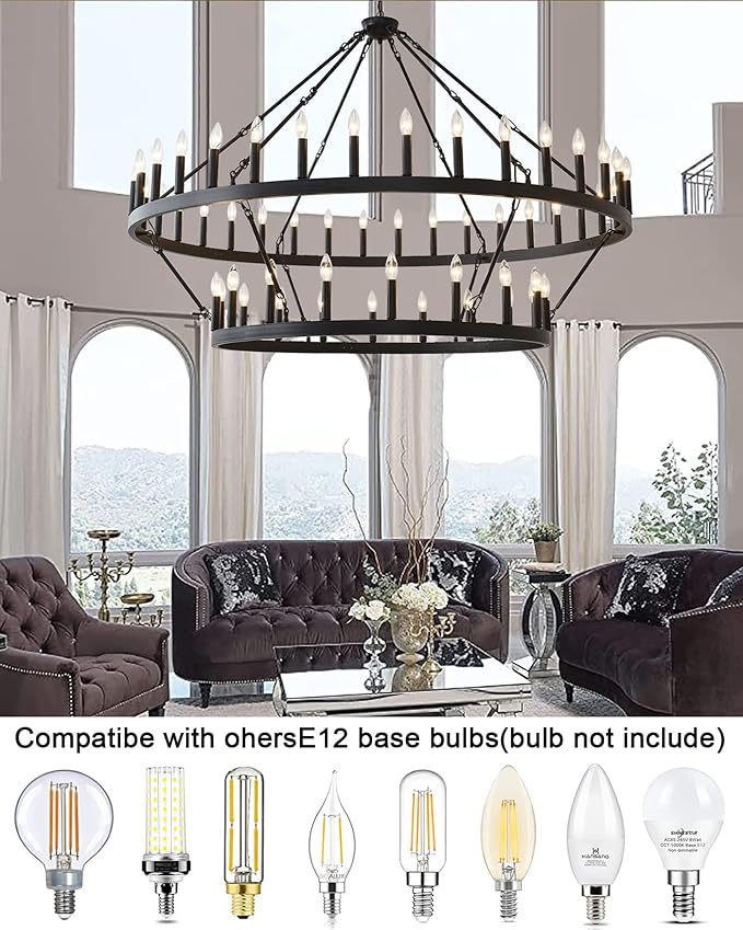 60 Inch Large Black Wagon Wheel Chandelier,2 Tier 54-Lights Farmhouse Industrial Country Style Round Pendant Light Fixture for Outdoor Porch high Ceilings Living Dining Room Foyer Entryway