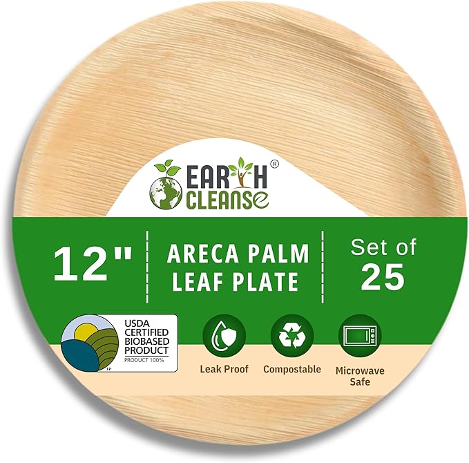 Compostable Palm Leaf Plates 12 Inch Round (25 Pack) | Disposable Biodegradable Plates Like Bamboo & Wooden | Microwave & Oven Safe | Eco-Friendly Dinnerware for Parties & Events