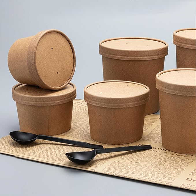100 Pack 4oz Paper Soup Containers with Vented Lids, Disposable Food Containers Kraft Ice Cream Cups Dessert Soup Bowls, Microwavable and Freezer Safe for Hot Soup, Ice Cream (100 Pcs - Kraft, 4 oz)