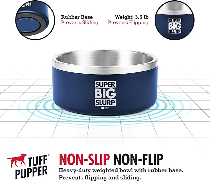 Tuff Pupper Heavy Duty Insulated Dog Bowl | Double Wall Stainless Steel Dog Food Dish | Non-Slip Spill Proof Dishwasher Safe Cat Bowl | Water Dish for Feeding Large Medium Small Pets (188oz, Blue)