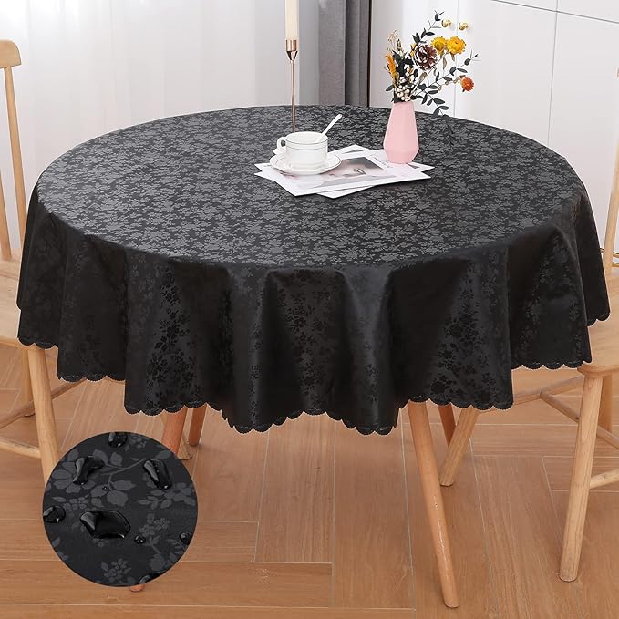 Smiry Round Table Cloth, Waterproof Heavy Duty Vinyl Tablecloths, Wipeable Washable Table Cover for Kitchen and Dining Room (Black, 70" Round)