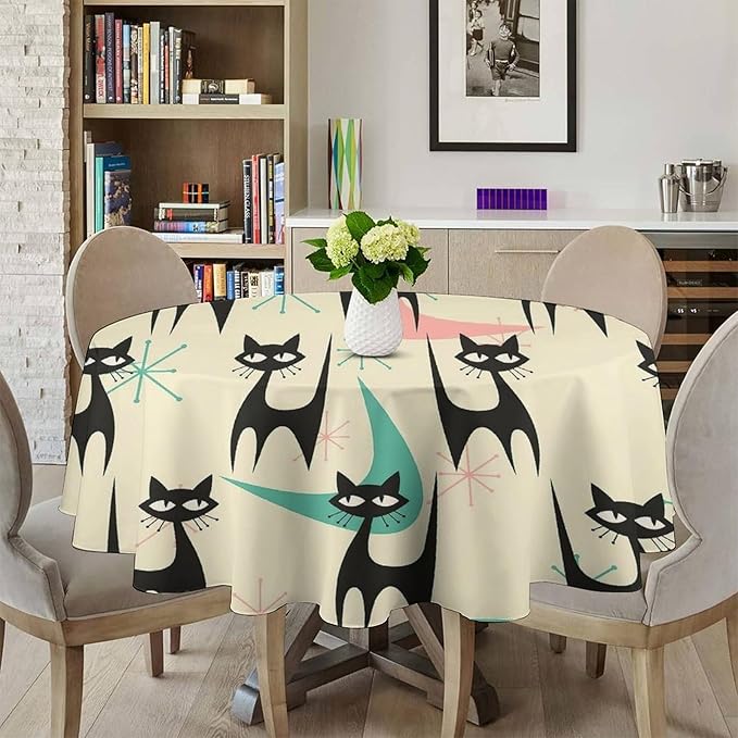 Mid Century Colorful Modern Cat Round Tablecloth, Medieval Bohemian Abstract Animal Tablecloth for Home Party Dining Room Kitchen Decor 50Inch(127cm)