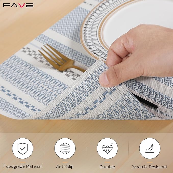 FAVE Blue Boho Vinyl Placemats Set of 6, Durable Woven Place Mats Washable Heat Resistant PVC Table Mats for Parties,Weddings, Dining,Banquet(Blue, 6PCS)