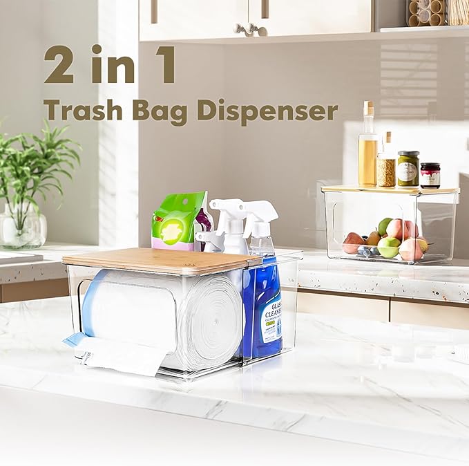 Trash Bag Dispenser Holder, 2-in-1 Under Sink Organizer with Clear Acrylic Box & Bamboo Lid, Holds Large Rolls up to 100 Count, Garbage Bags Storage Container for Kitchen, Pantry, Laundry Room