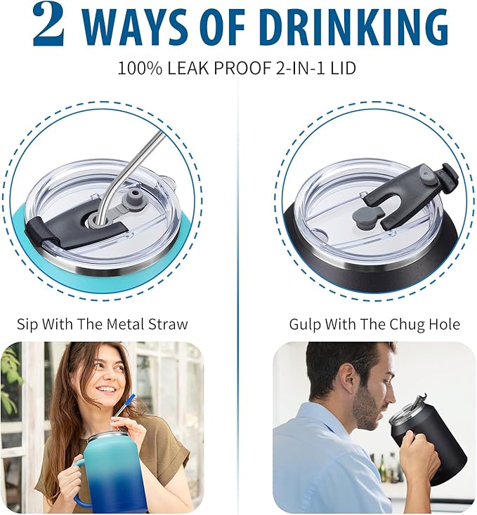 50oz Insulated Mug Tumbler with Handle - Keep Cold-36h & Hot-24h, Stainless Steel Water Jug 50 oz Coffee Mugs with Straw & Spout Lid, Wide Mouth Metal Water Bottle Camping Flask Hospital Cup Travel
