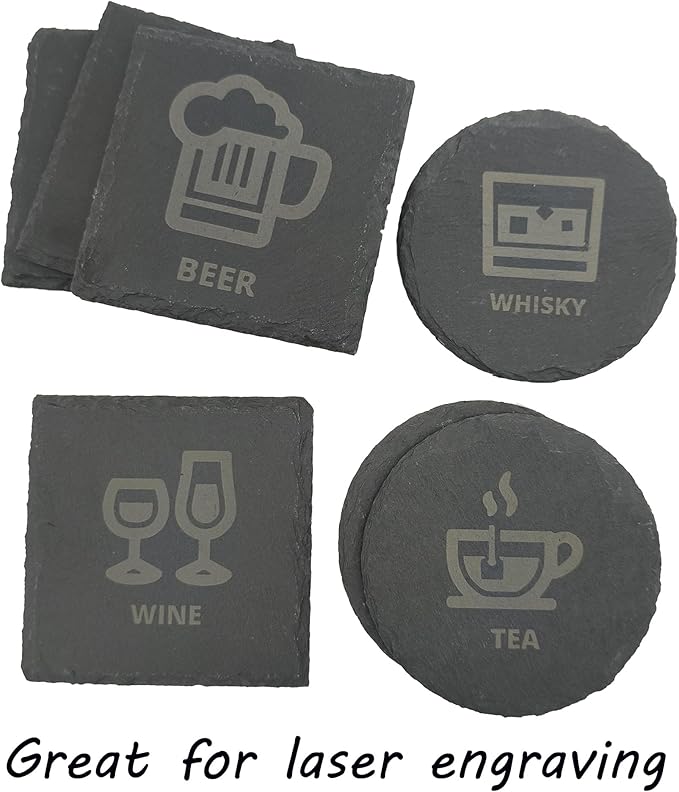 24 Pack 4 inch Square Slate Coasters,Handmade Natural Rough Edge,with Integral Anti-Skid pad,Laser Engraving Blanks,Stone Coasters
