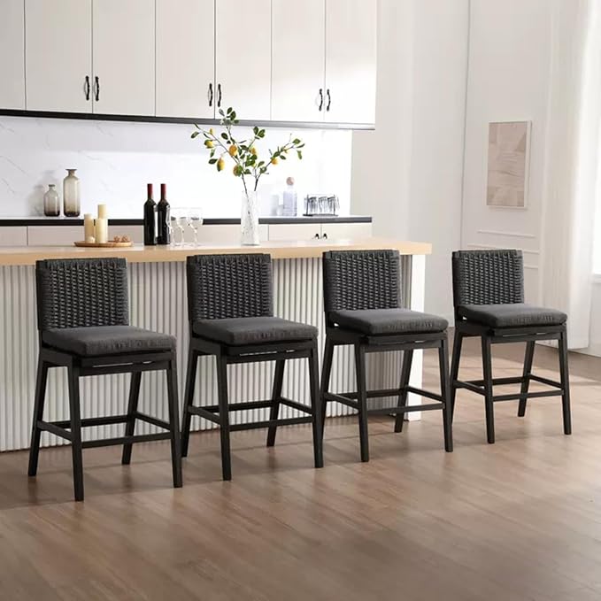Carbon Black Bar Stools Set of 2, 27.3 Inch Counter Height Stools Upholstered Linen Armless Bar Chairs with Woven Rope Backrest Wooden Legs for Kitchen Island Dining Room
