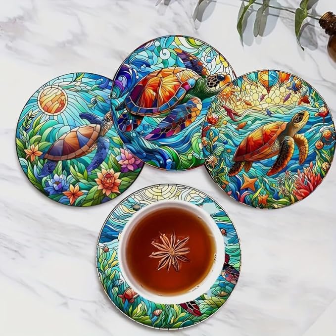 Wood Coasters Set of 8 - Handcrafted Drink Coaster Thick Heat-Resistant for Office, Bar, Farmhouse - Cute Turtle Drink Cup Coasters for Table Protection