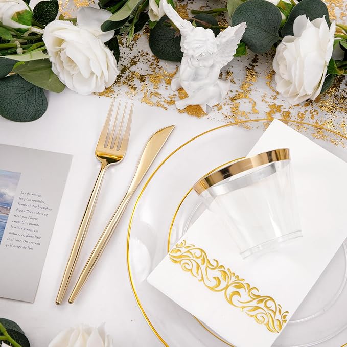 MirthMood 210Pcs Clear and Gold Plates for 30 Guests, Plastic Plates for Party, Includes:30 Dinner, 30 Dessert, 30 Paper Towels with 90 Silverware & 30 Cups