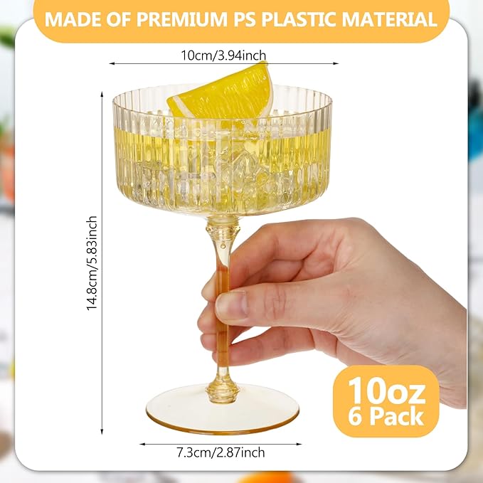 6 Pcs Ribbed Martini Glasses 10 oz Disposable Plastic Vintage Ribbed Coupe Glasses Unbreakable Dessert Parfait Glassware for Wedding Birthday Party Supplies (Gold)