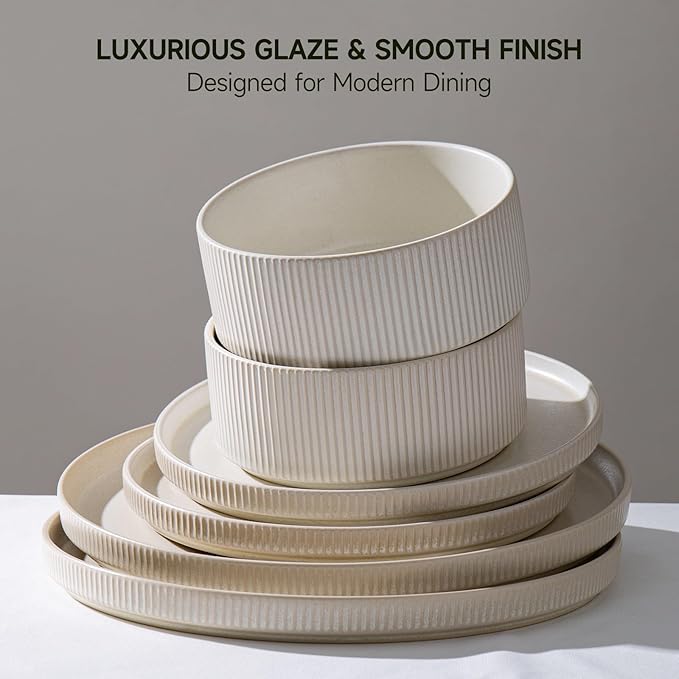 Dinnerware Set Service for 6, 18-Piece Ceramic Plates and Bowls Set, Chip & Scratch Resistant, Microwave and Dishwasher Safe, Modern Minimalist Tableware for Everyday Use, Matte White