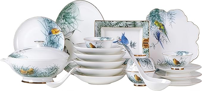 51 Pcs Fine Bone China Dinnerware Set,Porcelain&Ceramic Dinnerware Sets,Bone Stoneware & Ceramic Cookware Tableware Set Includes Dinner Plates|Spoons|Pasta Bowls|Soup Pot|Chopsticks