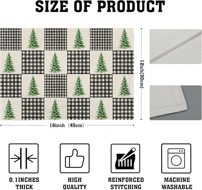 Winter Placemats Set of 4 - Black White Buffalo Plaid Tablemats 12 x 18 mas Tree Place Mats Set for Kitchen Dining Table