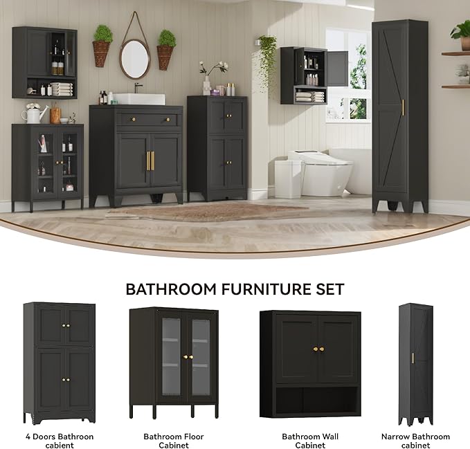 Narrow Metal Cabinet with 4 Adjustable Shelves and Barn Doors,Tall Bathroom Storage Cabinet, Metal Pantry Organizer for Kitchen,Home Office, Dining Room,Black