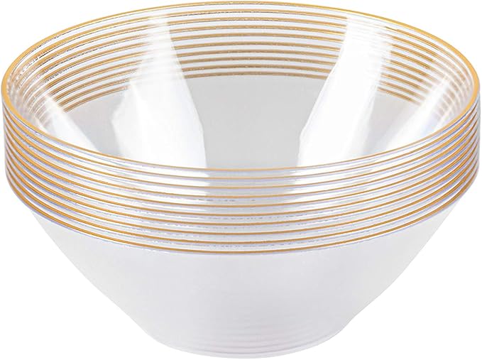 [6 OZ 40 Count] Clear Plastic Organic Design Party Dessert bowls With Gold Rim Premium heavyweight Elegant Disposable Tableware Dishes