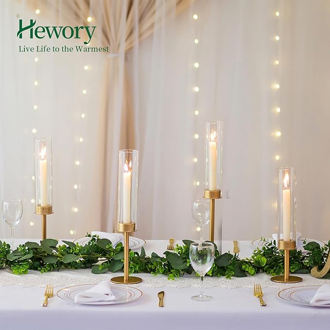 Hewory Gold Candle Holders - 6Pcs Brass Hurricane Candlestick Holders with Glass Candle Cover for Wedding Table Centerpiece Christmas Decor
