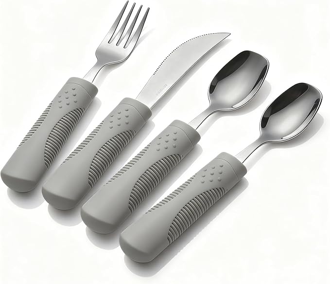 5 oz Weighted Adaptive Utensils Set with Rocker Knife - Balanced Weighted Silverware for Parkinson's Disease, Moderate Hand Tremors & Essential Tremor, Ergonomic Grip Handles (Grey)