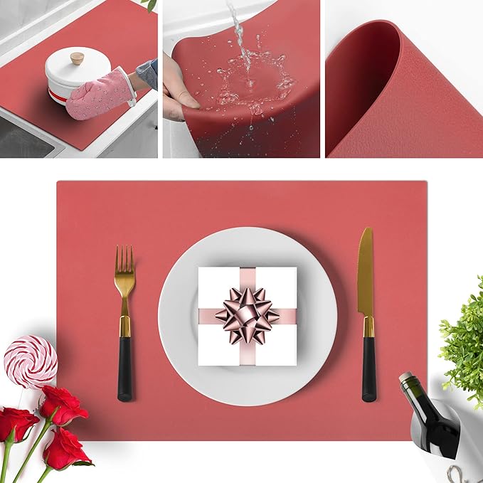Silicone Placemats, Placemats for Dining Table, Kids Placemats Set of 4, Non-Slip,Waterproof, Heat Resistant Table Protector, Outdoor Placemat for Patio Table (Wine Red)